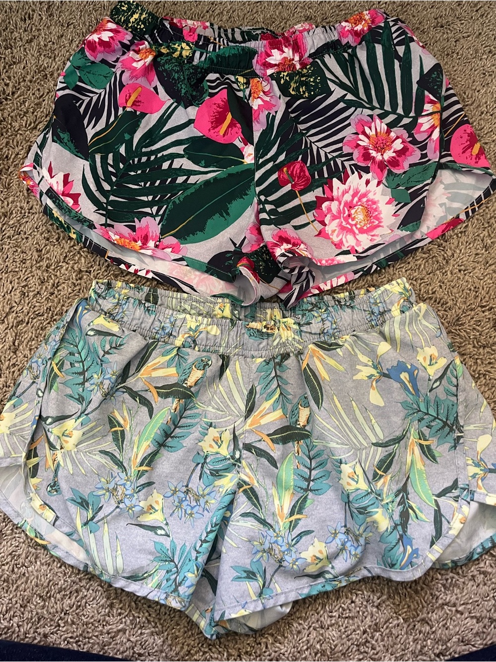 Old Navy Active Gray Shorts with Pink Drawstring and Floral Waistband